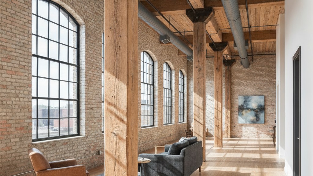 Heavy-timber loft interior with exposed brick, massive wood columns and a wall of arched industrial windows in morning light
