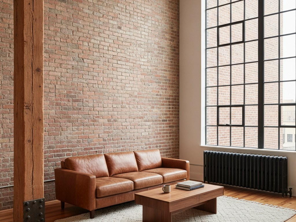 Loft living corner with an exposed brick wall, steel factory window and leather seating
